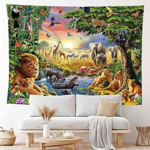 Animal Forest Lion Elephant Tiger Carpet Wall Hängande mattor täcker strandhandduk Kasta filt Picknickhemdekor J220804