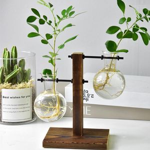 Nordic Terrarium Hydroponic Plant Vases Vintage Flower Pot Transparent Vase Wooden Frame Glass Tabletop Plants Home Bonsai Decor1