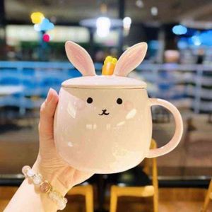 Pink jade rabbit ceramic cup cute pet healing water cup with lid spoon coffee mug with lid tazer T220810