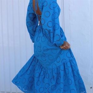 Traf Blue Cutwork Long Dress Women Embroidery Maxi Dress Woman Summer Backless Female Dress Long Sleeve Casual Dresses For Women 220811