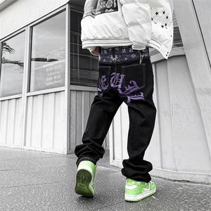 Waist Cashew Print Letter Pactchwork Ripped Jeans Pants Mens Streetwear Straight Washed Retro Oversized Casual Denim Trousers 220811