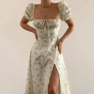 Women Breast Wrapped Square Neck Floral Dress Printed French Floral Open Back Slim Fit Slip Dresses