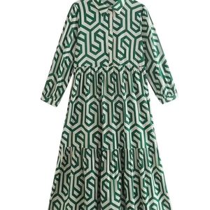 Zevity Women Women Vintage Impressão geométrica prega casual Slim Midi Shirt Dress feminino chique prega babados por linha vestido ds395 220811