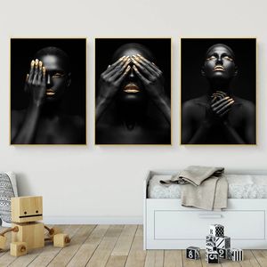 Skriv ut målning på duk väggens bildnummer Figur Black Gold African Woman Wall Art Print Bild för vardagsrumsdekoration