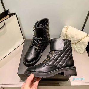 2022 autumn and winter boots Ling lattice lace up short booties small fragrance thick bottom thick heel leather color matching Martin boot women