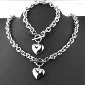 Set Women Stainless Steel Chain Heart Toggle Bracelet Necklace Jewelry