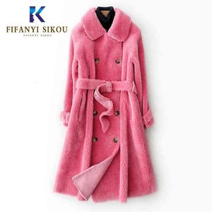 2021 Winter Coat Women High Quality Cashmere Fur Coat Double Breasted Belt Long Fur Jacka Womens Fashion Thick Warm Overcoat T220810