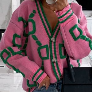 Cardigan For Women Green Striped Pink Knit Button Lady Cardigans Sweaters Vneck Loose Casual Winter Knitted Coat Fashion 220811