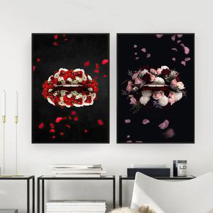 Modern Fashion Safflower And Pink Lip Canvas Painting Lover Home Poster And Prints Wall Art Pictures for Living Room Decor