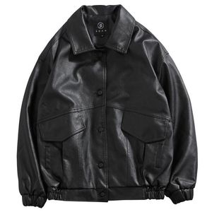PU erkek siyah yumuşak sahte motosiklet bisikletçisi moda deri katlar erkek bombacı ceket cepleri kıyafetler 220811