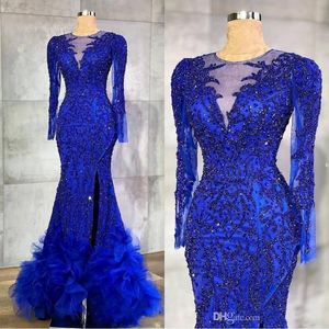 Royal Blue Mermaid Evening Dresses Beaded Crystals Sheer Neck Arabic Aso Ebi Party Gowns Formal Prom Dresses Wear BC14042