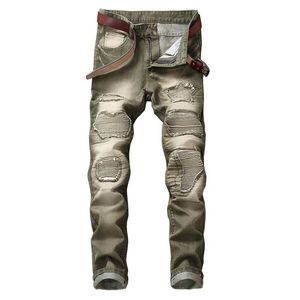 Bleached Stitching Biker Ripped Jeans For Men Fashion Casual Stretch Motorcycle Pants Autumn Winter Denim Cotton Pantalones