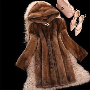 Faux Fur Coat Women Dark Brown S-6XL 2022 Autumn Winter New Fashion Slim Casual Sports Warmth Hooded Imitation Mink Fur Jacket T220810
