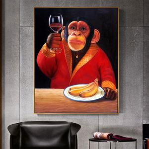 AHPAINTING Arte della parete Tela Pittura Immagine animale Poster Scimmia Scimpanzé Bere vino Fumare Soggiorno Decorazioni per la casa Senza cornice