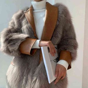 POP NICE Fashion Faux Fur Coat Women Autumn Winter Pu Leather Patchwork Jacka Women Turndown Collar Long Sleeve Coats Mujer T220810