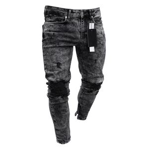 Erkekler esnek yırtık sıska bisikletçi nakış baskısı kot pantolon yıkılmış delik bantlanmış ince fit denim yüksek kaliteli jean 220811