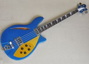 Metallic blue semi-hollow 4 strings electric bass guitar with Rosewood fretboard
