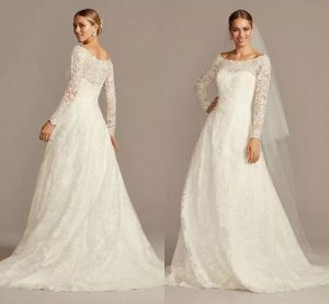 OLEG CASSINI Abito da sposa a trapezio in pizzo con spalle scoperte 2022 Abito da sposa con applicazioni in pizzo pieno manica lunga plus size Sweep Train