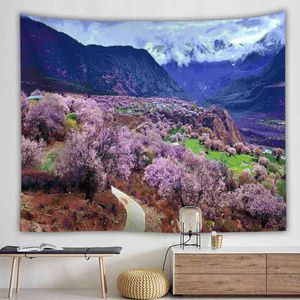 Sakura Mountain Canyon Landscape Wall Rug Bohemian Garden Decoration Tappeti per Room Art J220804