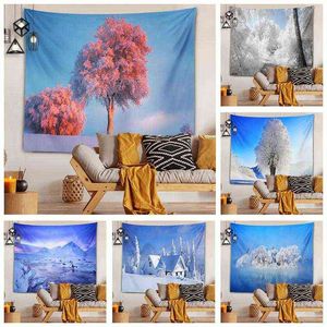 Home Decor Beautiful Snow World Print Tapestry Winter Landscape Wall Carpet Bedroom Living Room Background Fabric Tapiz J220804