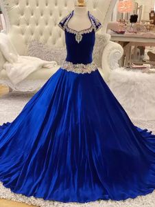 2022 Royal-Blue Velvet Pageant Dresses for Infant Toddlers Teens Cap Sleeve ritzee roise Ball Gown Long Little Girl Formal Party Gowns Keyhole Back Beading C0811