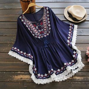 Women's Blouses & Shirts Women Summer Retro Boho Style Embroidery Cloak Top Loose Cotton Lace Hem Bat Sleeve Kimono Shirt Blusa FemininaWome