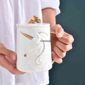 Muhteşem rahatlama tek boynuzlu at kahve kupa ile cep telefonu tutucu kapak sevimli su çayı seramik süt kahvaltı yaratıcı hediye T220810
