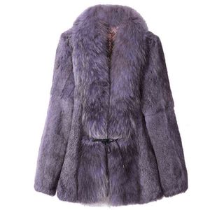 Seksi Kürk Palto Kadın Tavşan Kürk Ceketi Gerçek Kürk Müte Direkleri Kadınlar İçin Kış Sonbahar Büyük Raccoon Yakası Dış Giyim Yüksek Kalitesi T220810