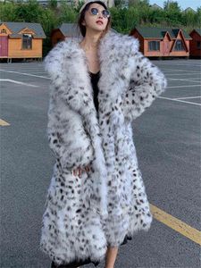 2022フェイクファーコート女性ヤングスタイル長い膝の長い黒い白いヒョウ葉厚い暖かさ毛皮ジャケット服フェミニナT220810