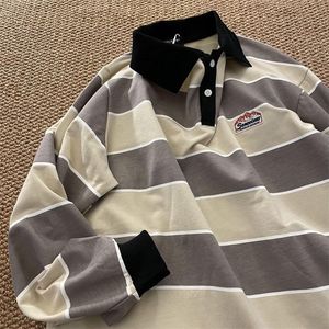 Japan retro randig långsluten polo skjorta topp män kvinnor lös trend par bf lapel tröja preppy hip hop cool tröjor 220811