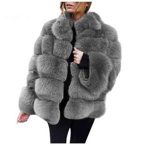 Vintage Lady Warm Fluffy Short Overcoats Luxury Plus Size Faux Fur Coat Kvinnor skarvad päls mjuk fall vinterjacka T220810