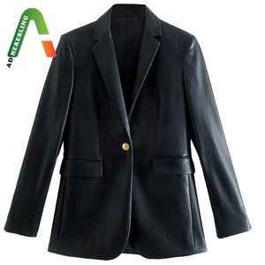 Avskaffande traf kvinnor faux pu l￤derjacka metall enkel knapp vintage l￥ng￤rmad blazers fickor kvinnlig svart kostym 220811