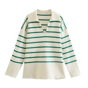 Green Striped Oversize Sweater Woman Knit Loose Casual Pullover V Sailor Neck Long Sleeves Tops Classic Korean Fashion Chic 220811