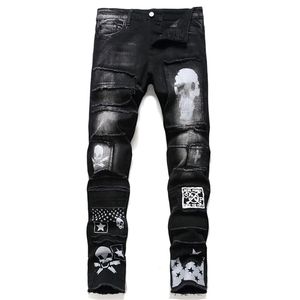 Männer Hosen Streetwear Mode Hosen Jeans Schädel Schwarz Denim Biker Hohe Qualität Männlich Casual Designer Zerrissene Bequeme 220811