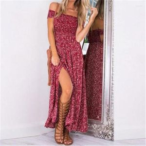 Abiti casual Daddy Chen Sexy con spalle scoperte Abito bohemien Stampa lunga estate Boho Beach Split Maxi prendisole Robe Longue1