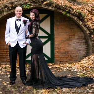 Schwarzes Hochzeitskleid im Gothic-Stil, durchsichtig, langärmelig, handgefertigte Applikationen, Spitze, Meerjungfrau-Hochzeitskleider 2022, Brautkleider, individuelle Größe