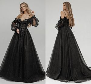 Schwarze Gothic-Brautkleider, schulterfrei, lange Ärmel, Pailletten, Tüll, Schnürung, glitzernde Gothic-Brautroben mit der Farbe Nicht-Weiß