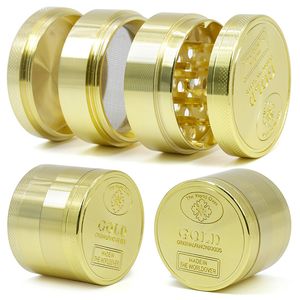 Wholesale GOLD Logo 4 Layers Smoking Herb Grinders Zinc Alloy Metal Tobacco Crusher Tools For Glass Bongs 40mm 50mm Diameter Smoke Accessories DHL Free