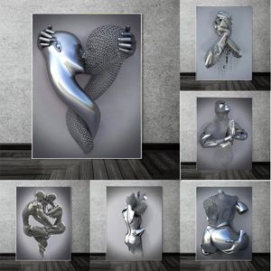 Abstract Metal Couple 3D Canvas Painting Romantic Posters and Prints Modern Wall Art Pictures for Living Room Home Decoration