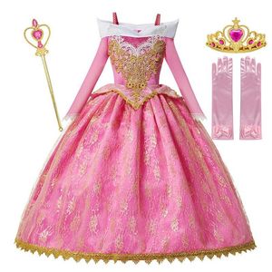 Muababy Girls Deluxe Śpiąca królewska Kostium Kostium Kotek z długim rękawem suknia imprezowa Dzieci Fancy Dress Up sukienki 3-10t F1130251H