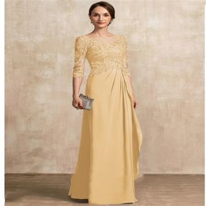 Lace Mother of the Bride Dress With Beading Cascading Ruffles Vintage Champage A-Line Scoop Neck Floor-Length Chiffon