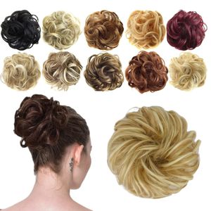 Messy Bun Hair Piece Wavy Curly Scrunchies Dirty Blonde Syntetiska hästsvansförlängningar 3st/Lot Tjock Updo Stora hårstycken för Women Girls Kids LS14