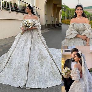 Vestidos de noiva requintados vestido de baile luxuoso fora do ombro lantejas de renda de cristal árabe vestido de noiva feito sob medida