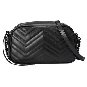 Deri çapraz gövde cüzdan moda tek omuz çantası erkek kadın kamera çantaları 2 boyutlu zip açılış katı siyah zincir ve siyah metal yazı tasarımı