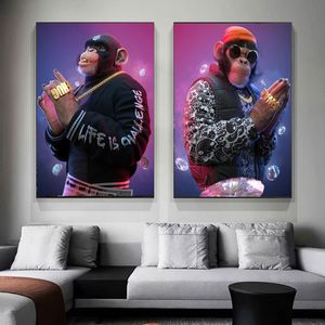 Monkey draagt gouden ketting canvas schilderij dierenportret posters en print muur kunstfoto s voor woonkamer huisdecoratie