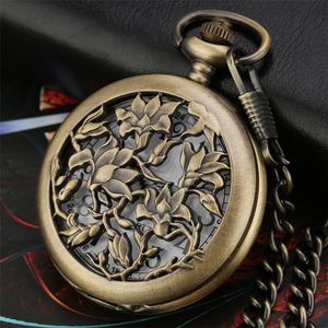 Relógios de bolso, flores de bronze gravado Cober pingente de quartzo movimentos de quartzo Retro Chain Chain Colar Antique Clockpocket