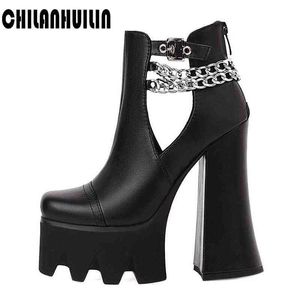 Fashion Gothic Punk Womens Platform Boots Black Buckle Zipper Creeper Chunky High Heels Chauffes Military Riding J220805