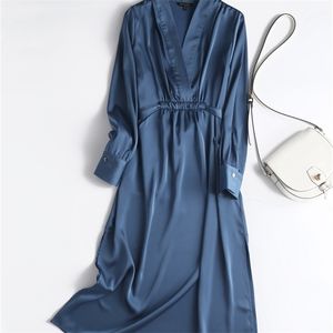 Tangada Autumn Fashion Women Elegant Satin Dress Long Sleeve Office Ladies Midi Dress With Slash 6D105 220811