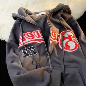 Frauen Brief Stickerei Sweatshirts Vintage Winter Fleece Übergroße Hoodies Casual Zipper Jacke Mantel Teenager Y2k Kleidung 220811