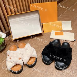 Chinelos Paseo Flat Mules Confortáveis Lã Slides Fluffy Shearling Crossover Straps Couro Sola de Borracha Sandálias Fashion Indoor Tamanho 35-42